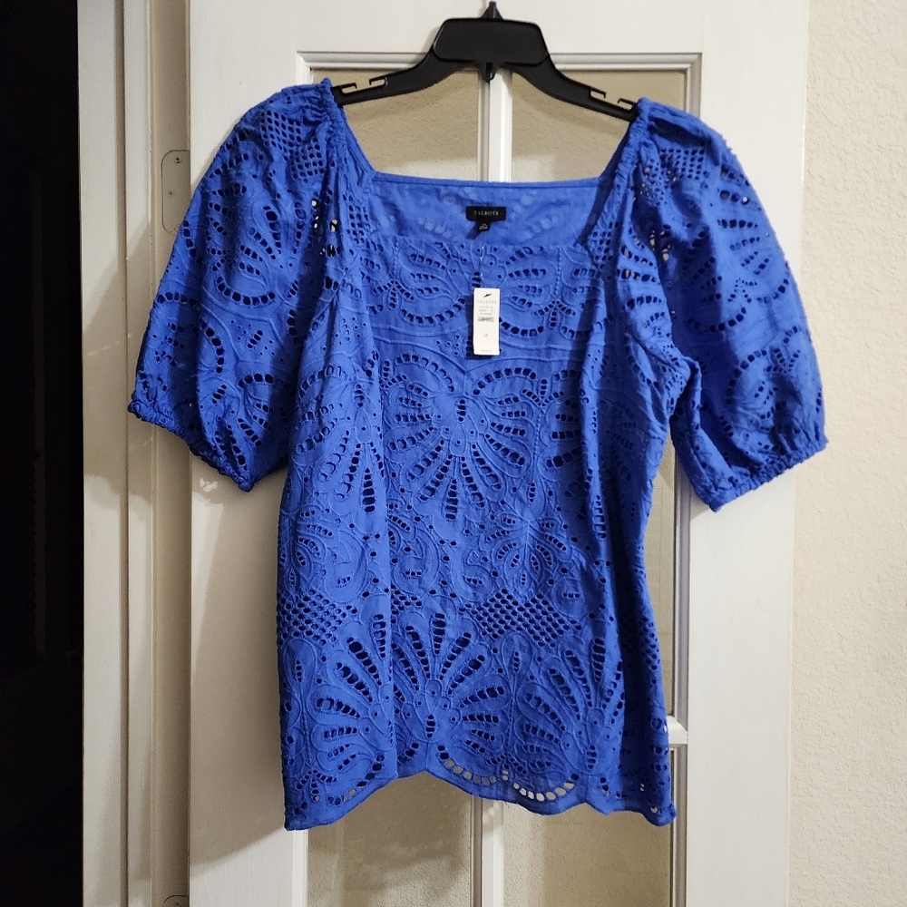 Talbots Royal Blue Eyelet Puff-Sleeve Top